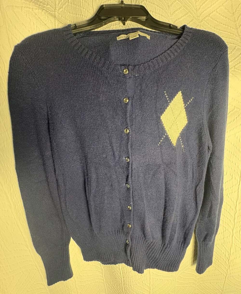 Old Navy Navy Blue Cardigan Sweater with Single Diamond Argyle Accent Size M